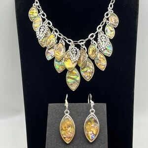 Abalone and Silver Tone , Drop Leaf Necklace set.